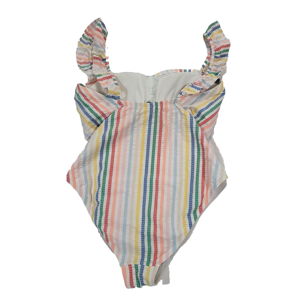 J crew Striped Seersucker Swimsuit 1pc 12 Rainbow Stretch Flutter Sleeves Preppy - Picture 11 of 12